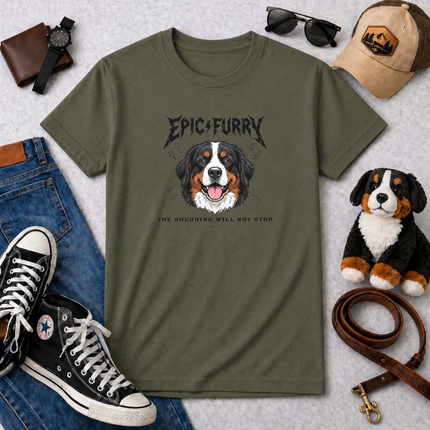 Epic Furry The Shedding Will Not Stop Bernese Mountain Dog T-Shirt | Funny Rock Parody Berner Tee