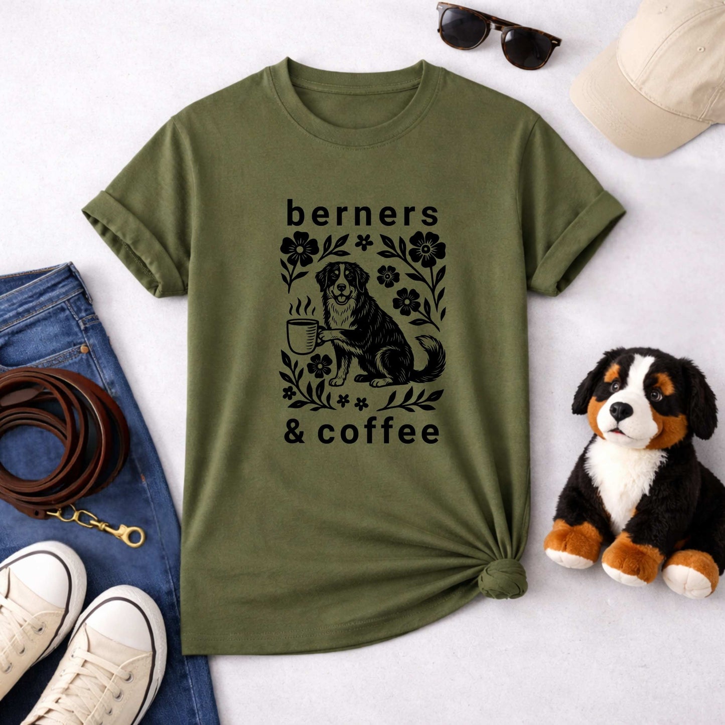 Bernese Mountain Dog Coffee T-Shirt | Berner Mom Line Art Gift Tee | The Bernie Bears