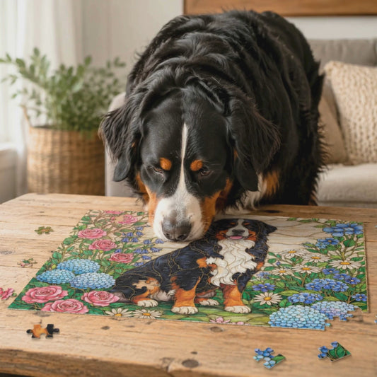 Bernese Mountain Dog Puzzle – Stained Glass Floral Garden Art | 120, 252 & 500 Piece Jigsaw