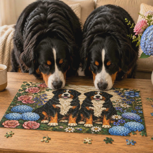 Two Bernese Mountain Dogs Puzzle | Stained Glass Floral Art | 120, 252 & 500 Pieces