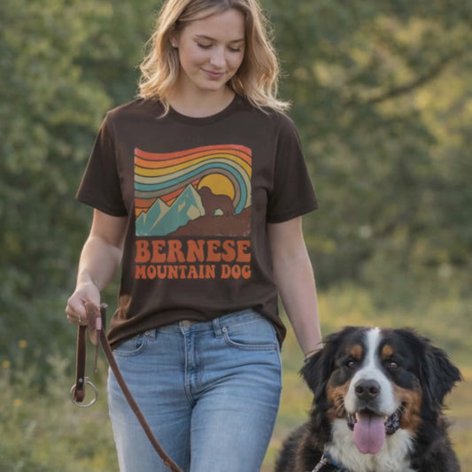 Bernese Mountain Dog Retro Sunset T-Shirt | Vintage 70s Style Berner Gift Tee | The Bernie Bears