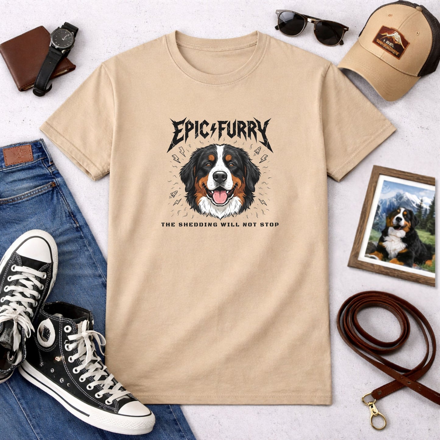 Funny Bernese Mountain Dog Shedding Shirt | Gift for Berner Owner | Epic Furry Rock Parody Tee