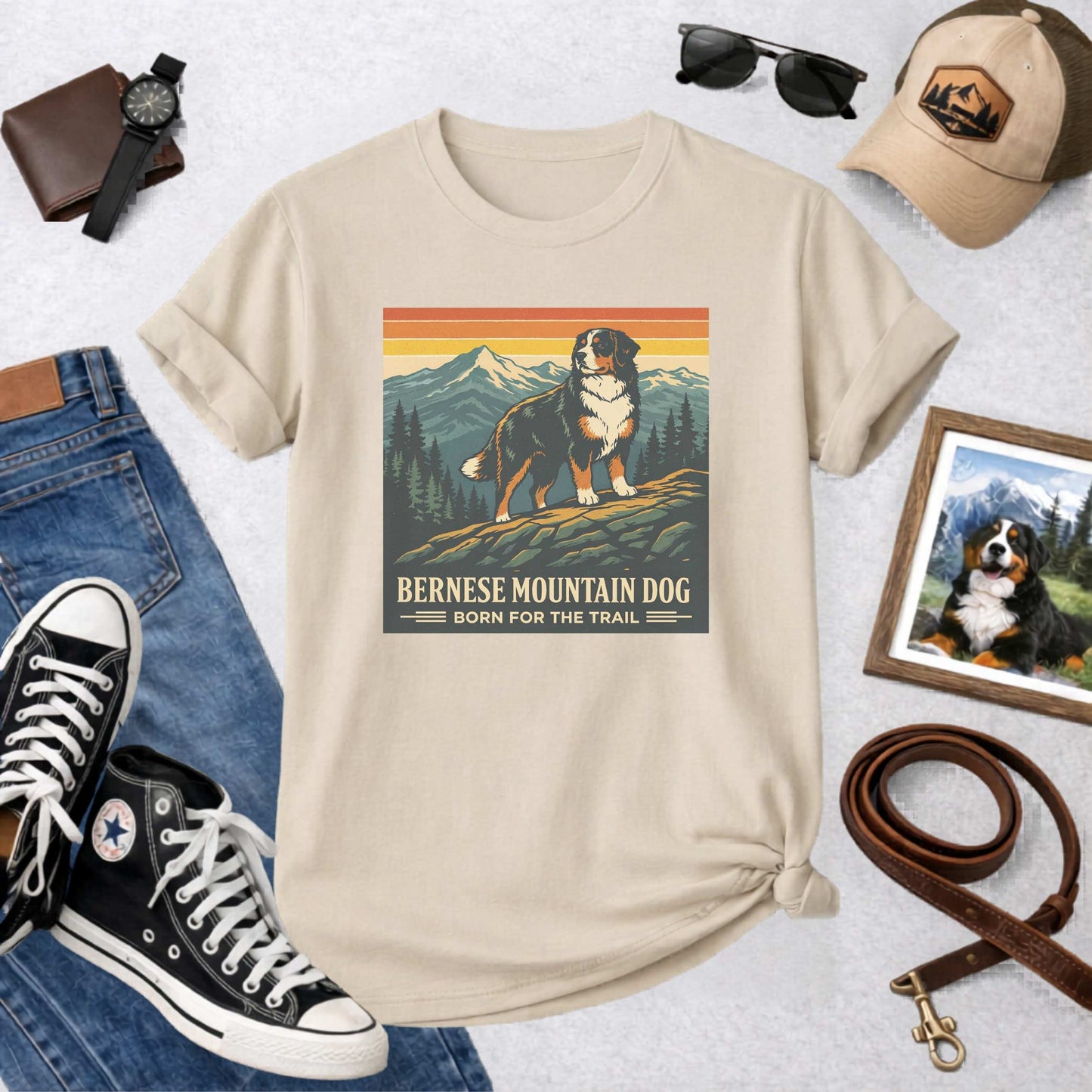 Bernese Mountain Dog Born for the Trail T-Shirt | Vintage National Park Style Berner Tee