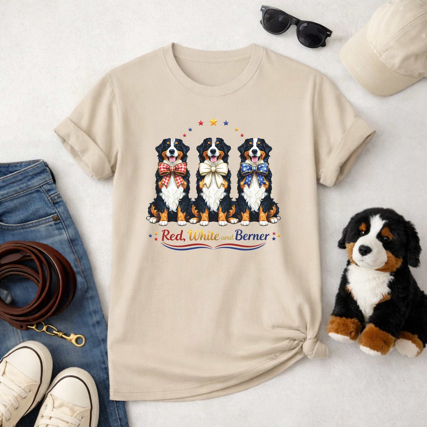 Red White and Berner T-Shirt | Patriotic 4th of July Bernese Mountain Dog Tee | America 250th Birthday