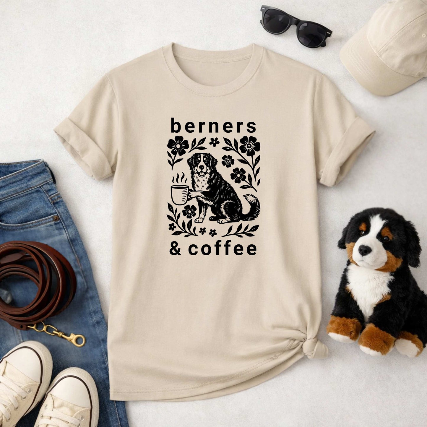 Bernese Mountain Dog Coffee T-Shirt | Berner Mom Line Art Gift Tee | The Bernie Bears