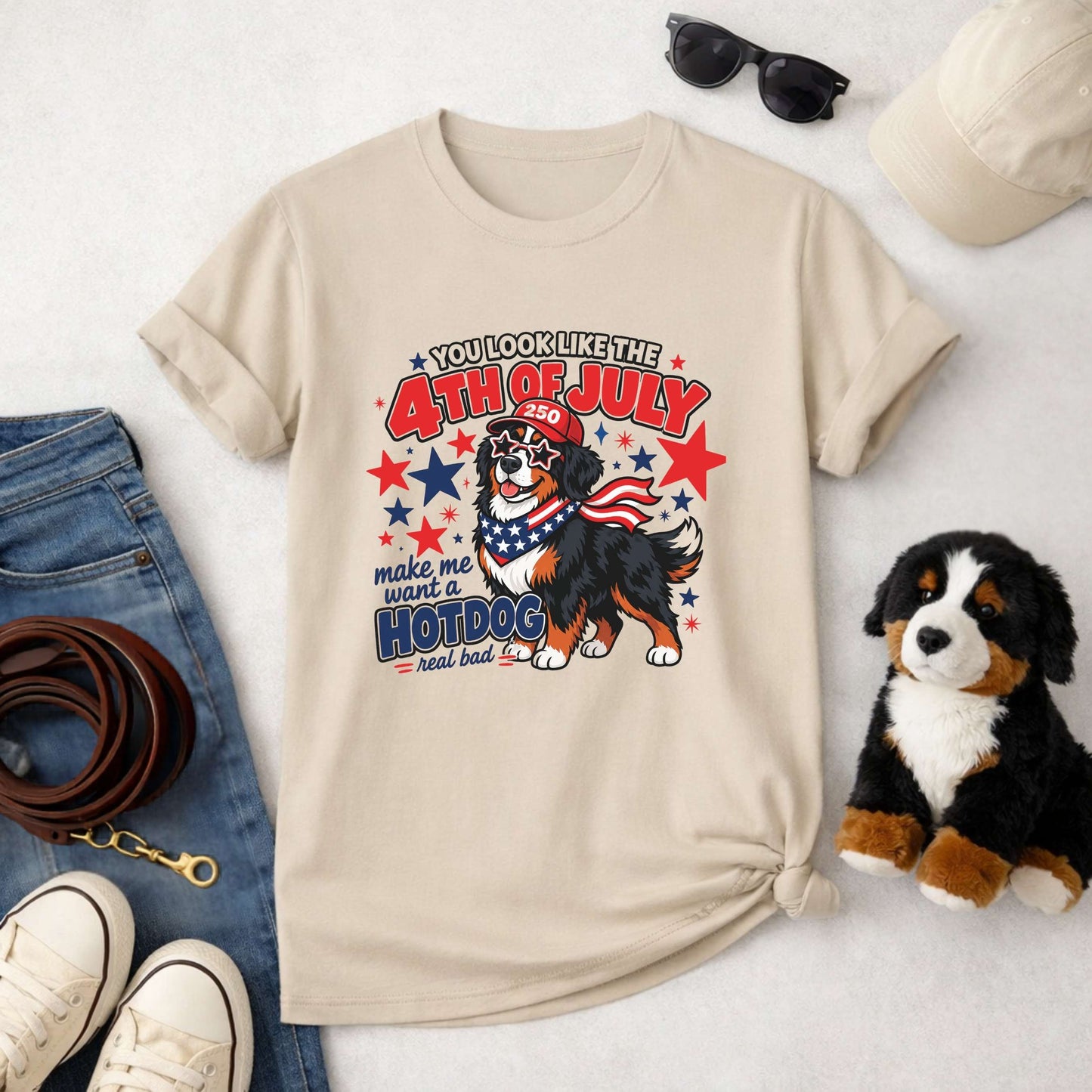You Look Like the 4th of July Make Me Want a Hotdog Real Bad Bernese Mountain Dog T-Shirt | Funny Patriotic Berner Tee