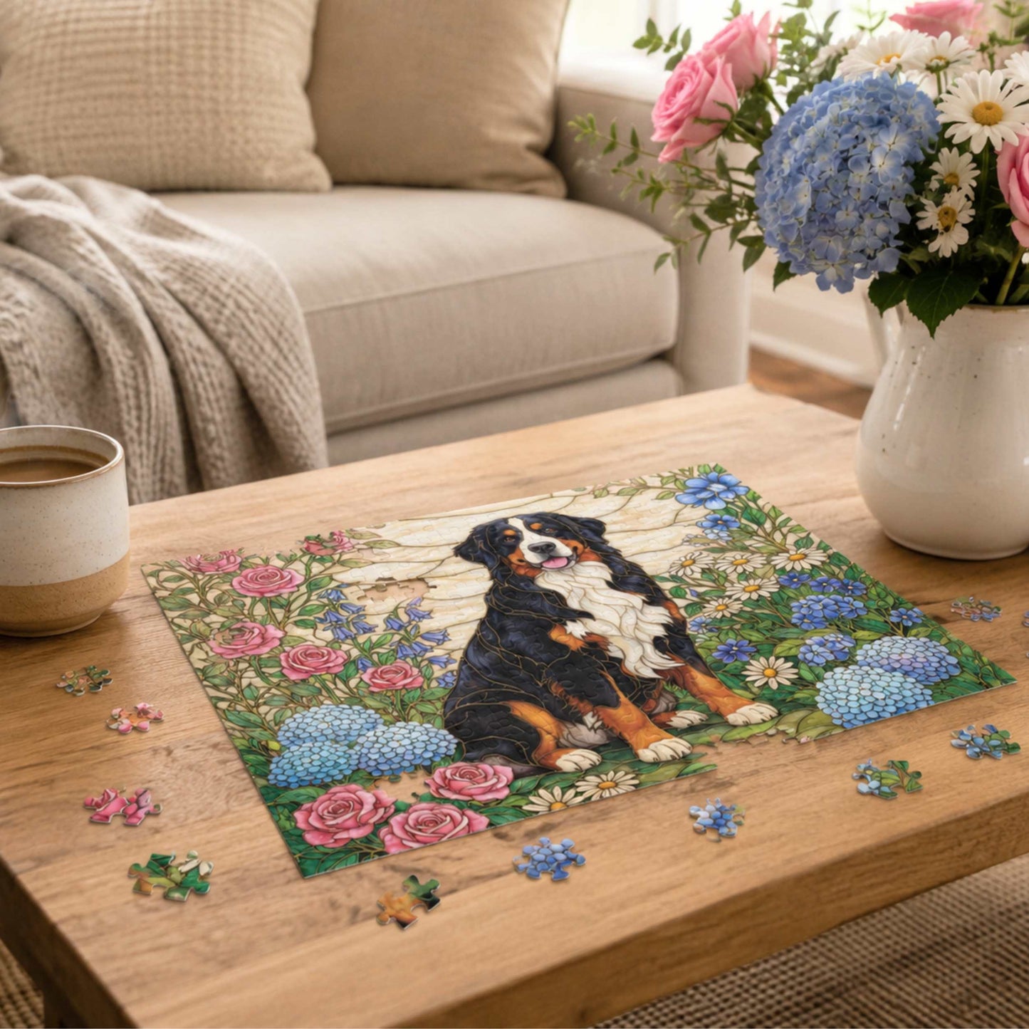 Bernese Mountain Dog Puzzle – Stained Glass Floral Garden Art | 120, 252 & 500 Piece Jigsaw