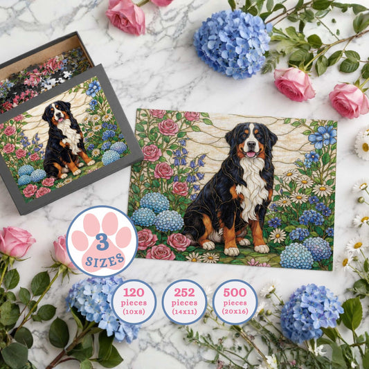 Bernese Mountain Dog Puzzle – Stained Glass Floral Garden Art | 120, 252 & 500 Piece Jigsaw