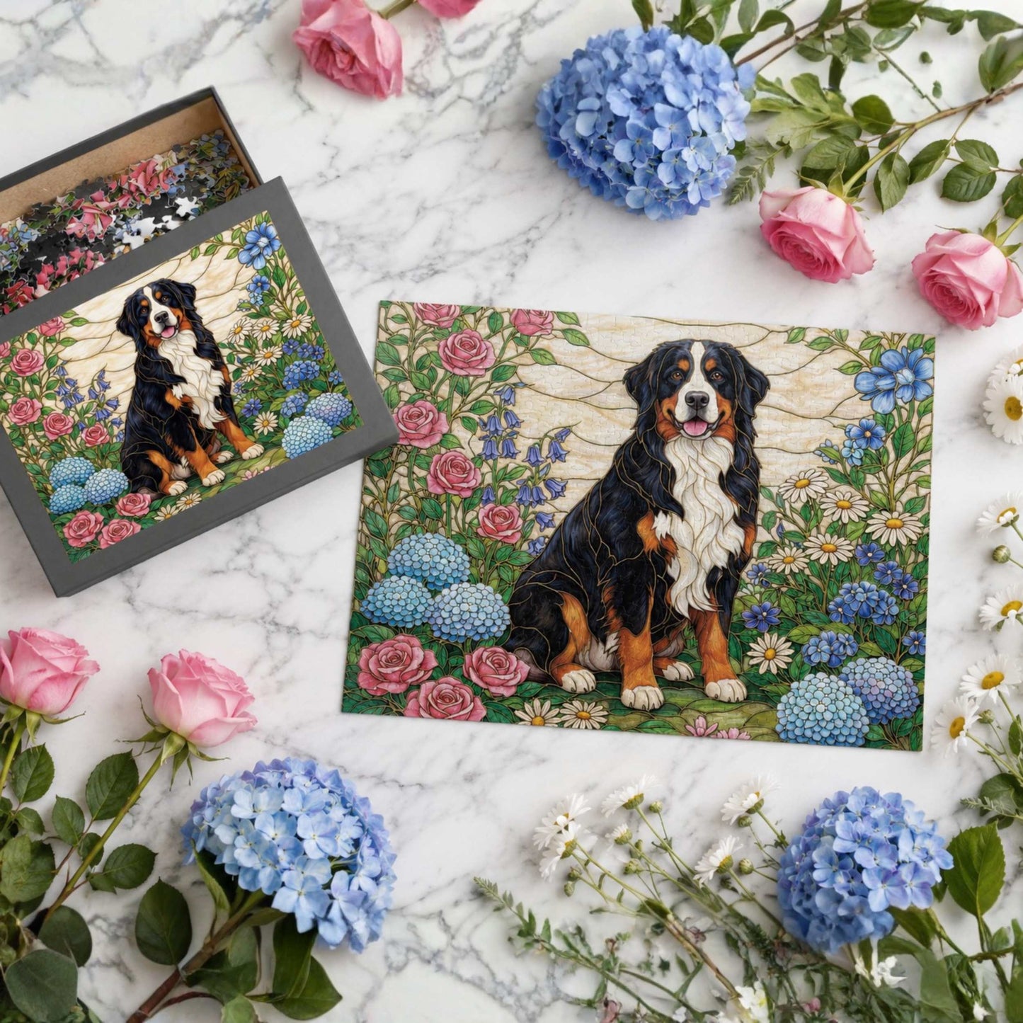 Bernese Mountain Dog Gift Puzzle | Stained Glass Floral Jigsaw for Berner Lovers