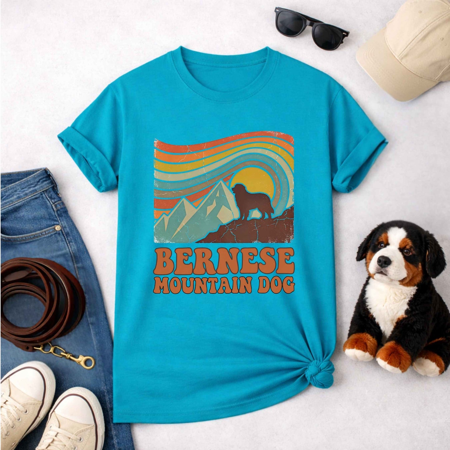Bernese Mountain Dog Retro Sunset T-Shirt | Vintage 70s Style Berner Gift Tee | The Bernie Bears