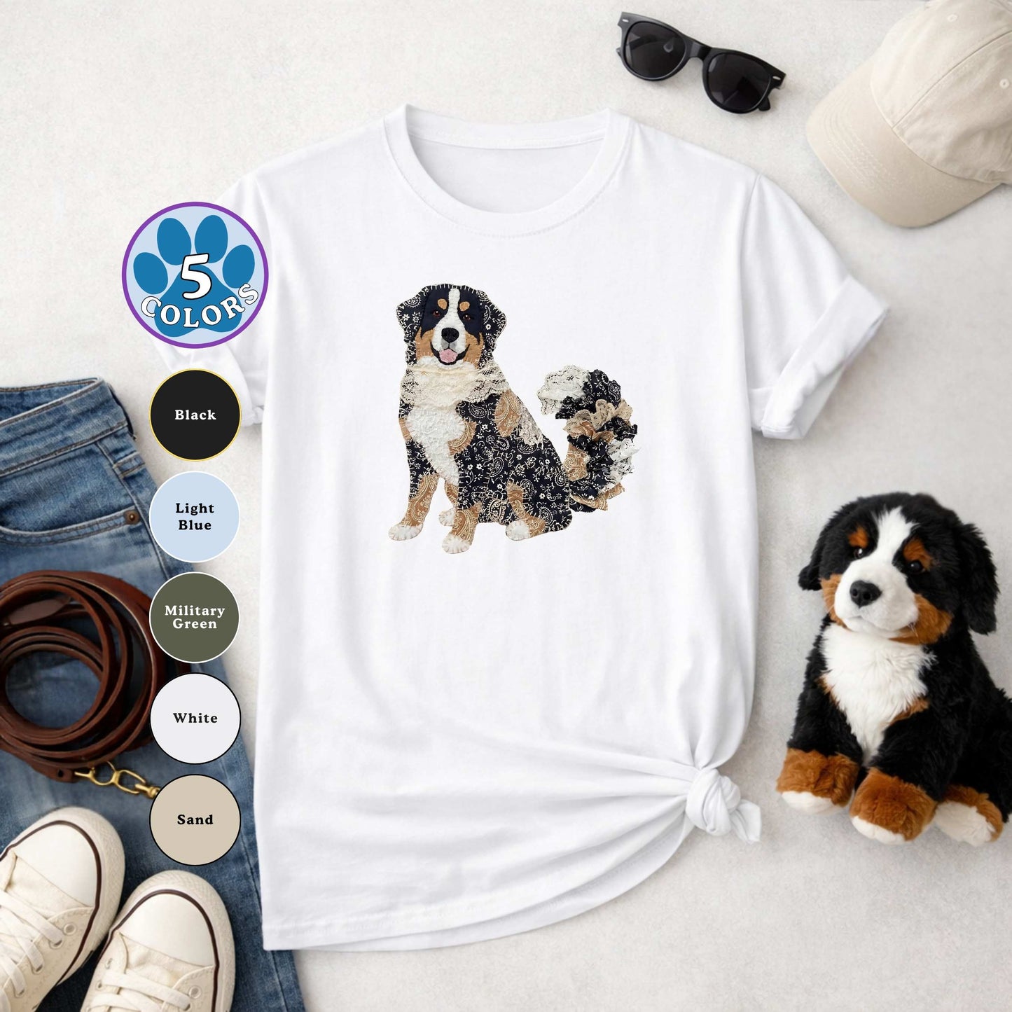 Bernese Mountain Dog Patchwork Art T-Shirt | Berner Owner Gift Tee for Dog Lovers | The Bernie Bears