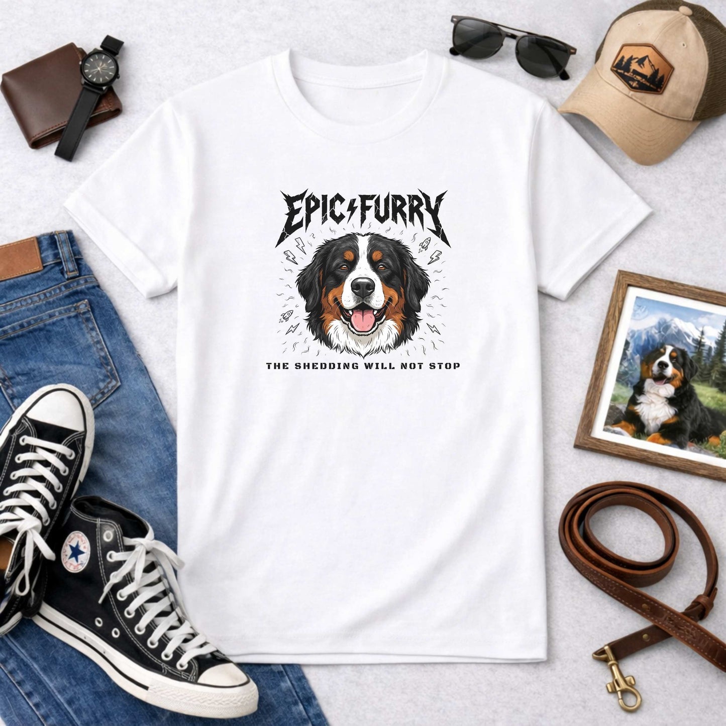 Epic Furry The Shedding Will Not Stop Bernese Mountain Dog T-Shirt | Funny Rock Parody Berner Tee