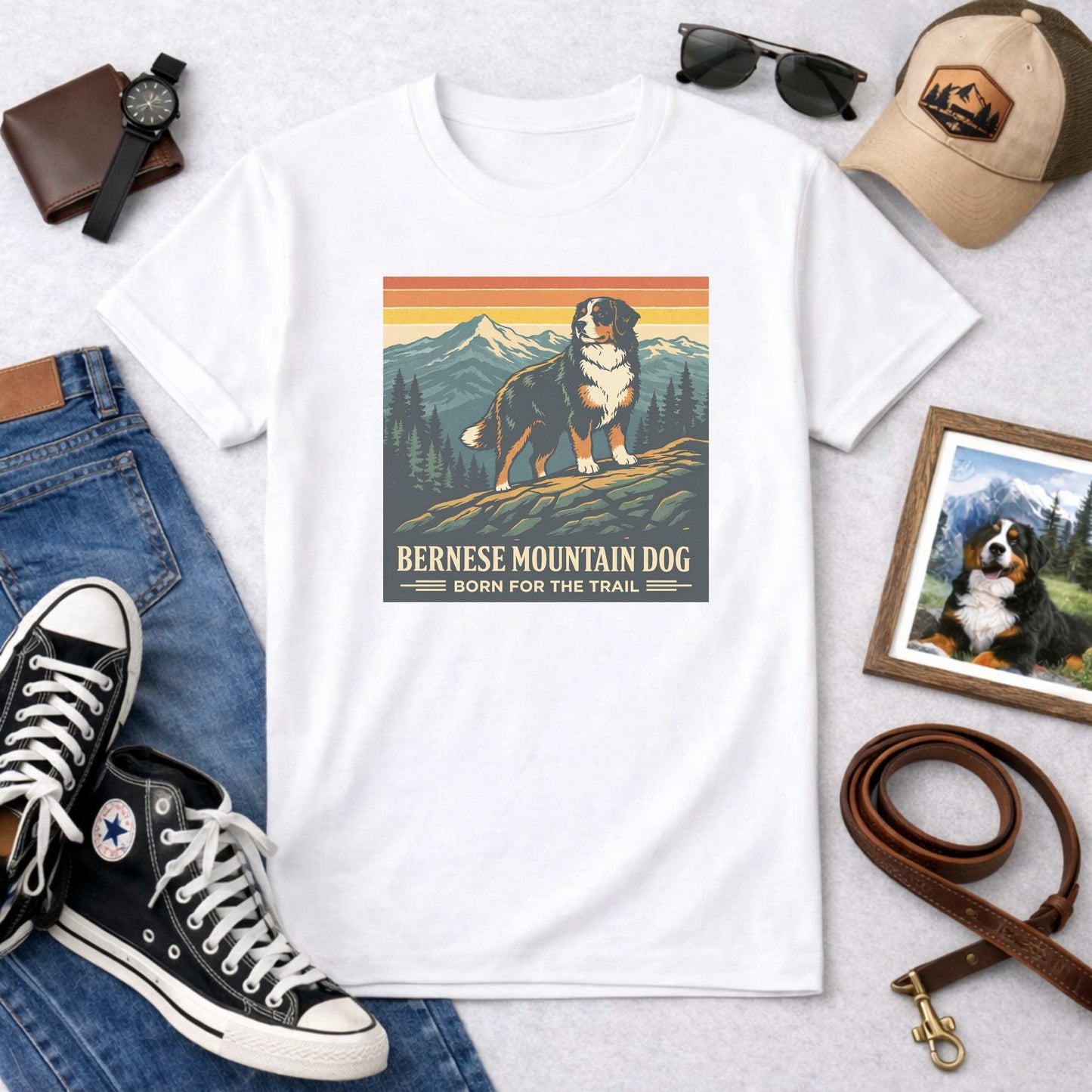Bernese Mountain Dog Born for the Trail T-Shirt | Vintage National Park Style Berner Tee