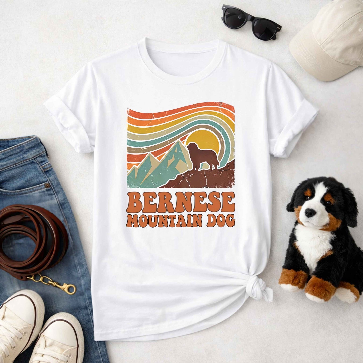 Bernese Mountain Dog Retro Sunset T-Shirt | Vintage 70s Style Berner Gift Tee | The Bernie Bears