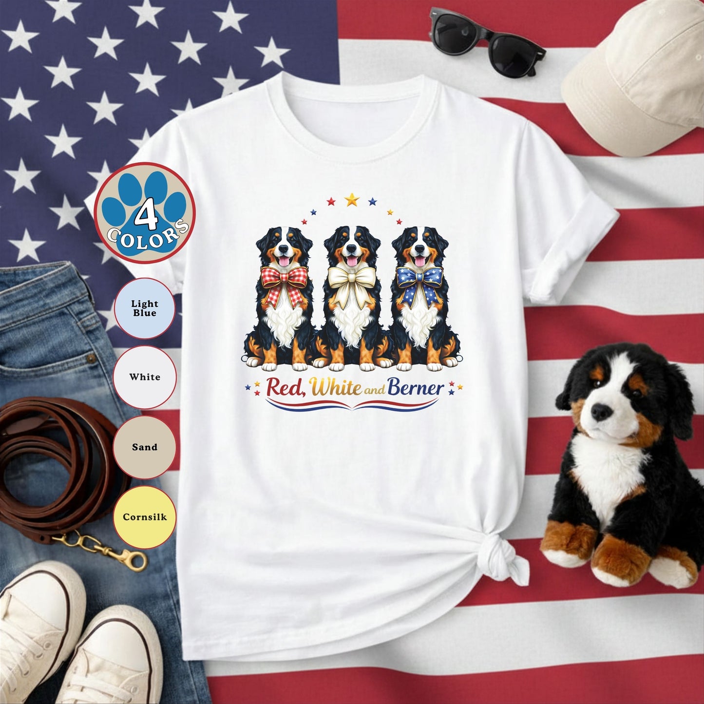 4th of July Bernese Mountain Dog Gift Shirt | Patriotic Berner Tee — Red White and Berner