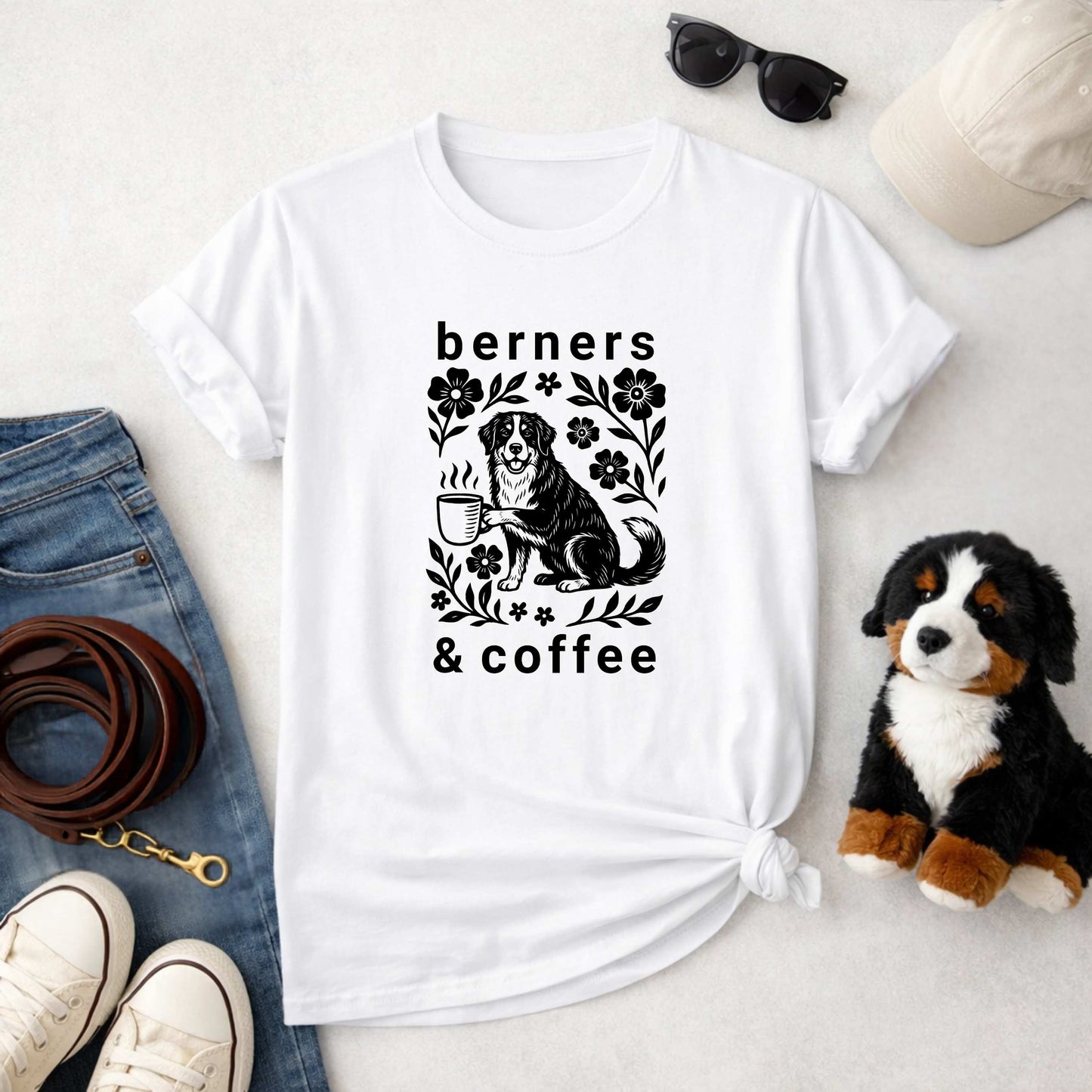 Bernese Mountain Dog Coffee T-Shirt | Berner Mom Line Art Gift Tee | The Bernie Bears