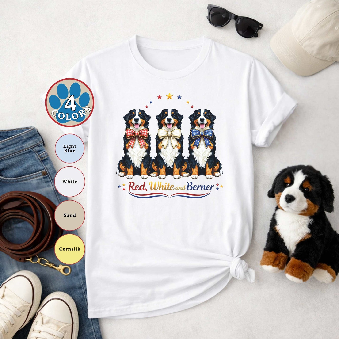 Red White and Berner T-Shirt | Patriotic 4th of July Bernese Mountain Dog Tee | America 250th Birthday