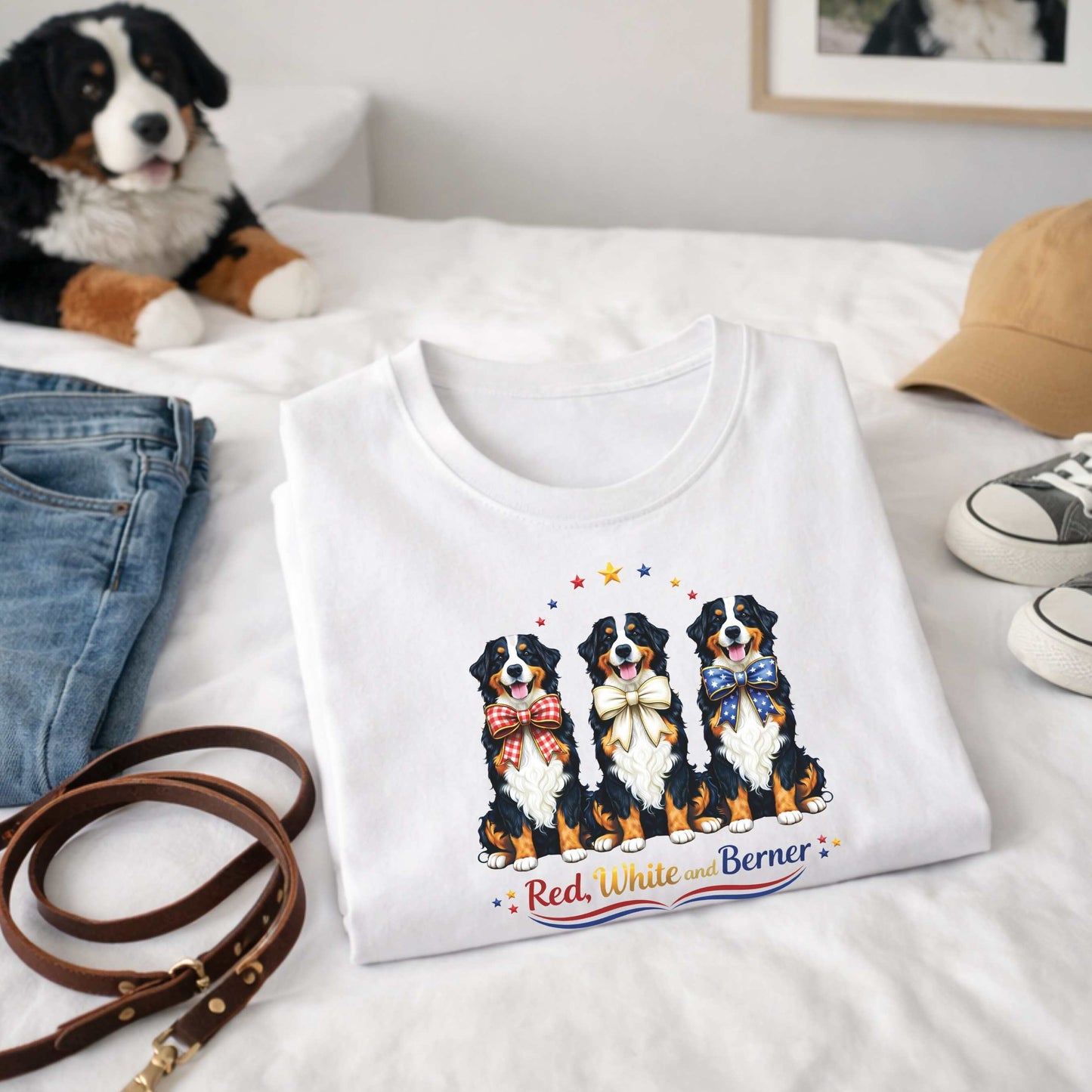 Red White and Berner T-Shirt | Patriotic 4th of July Bernese Mountain Dog Tee | America 250th Birthday